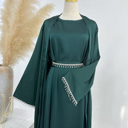 4pcs Set Cardigan+without  Sleeves Inner Dress+Crystal Chain+Hijab