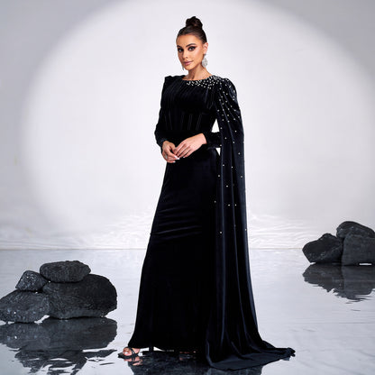 Round neck long sleeve long bodycon dress with rhinestones