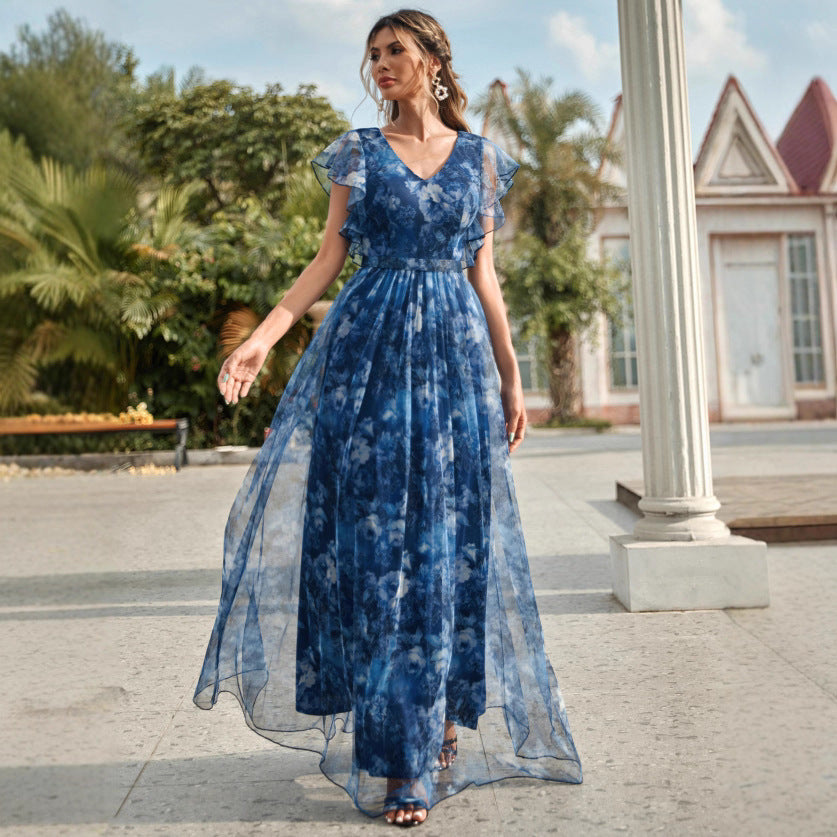 v neck floral print ruffle maxi dress in blue