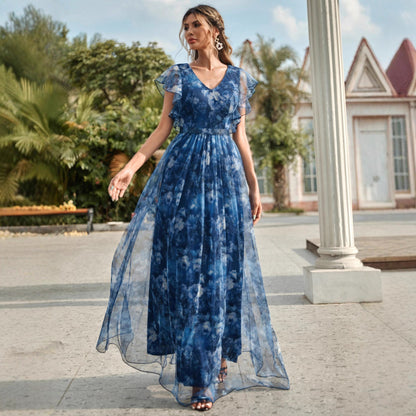 v neck floral print ruffle maxi dress in blue