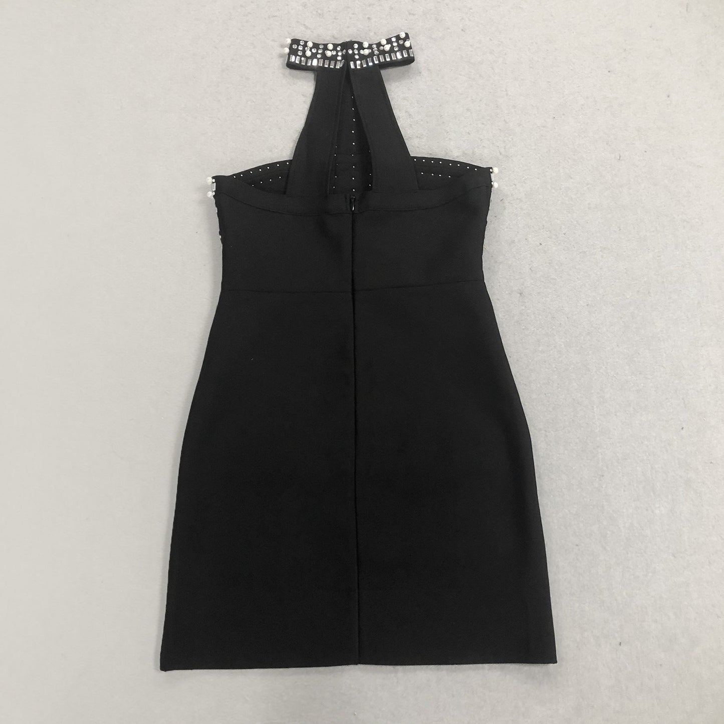 nelly pearl rhinestone halter mini dress in black