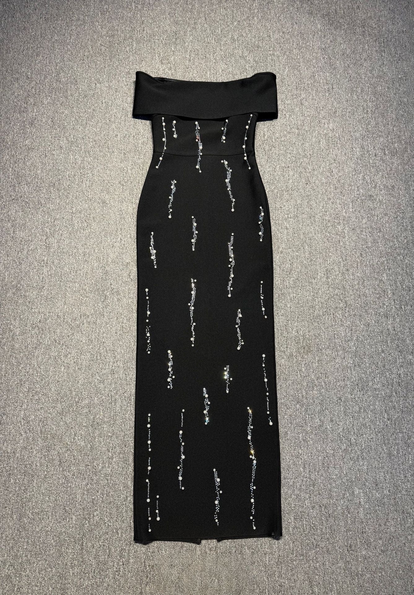 laurel Off-shoulder rhinestone bandage maxi dress in black