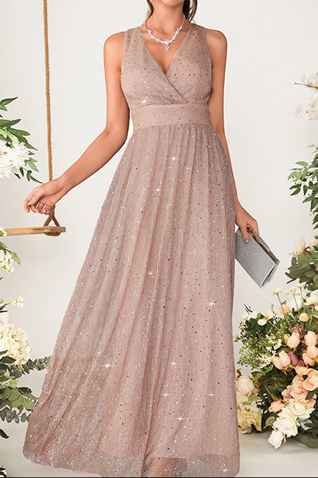v neck sequin embellished tulle sleeveless maxi dress in pale pink