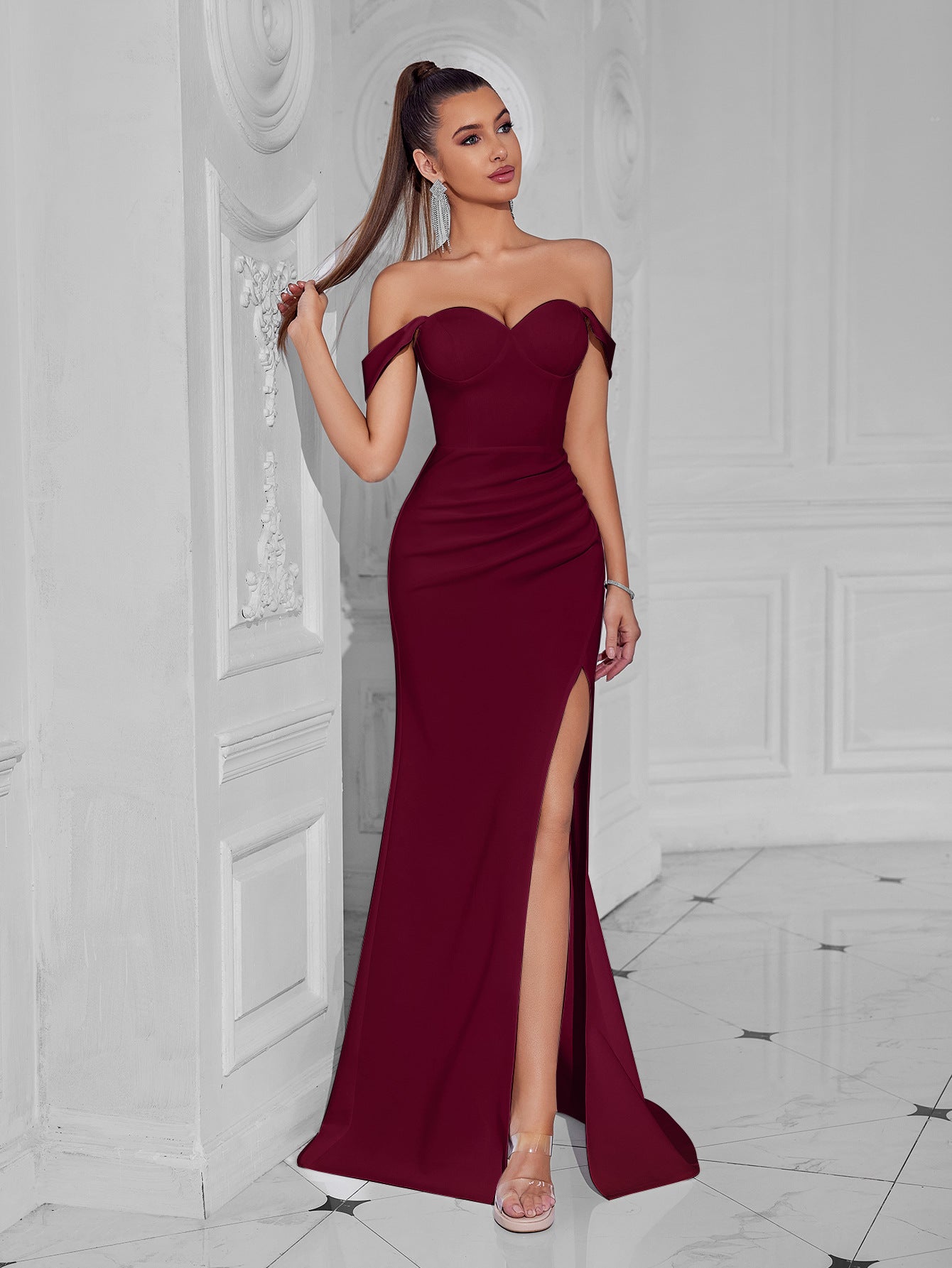 claire high slit backless bodycon maxi dress in white