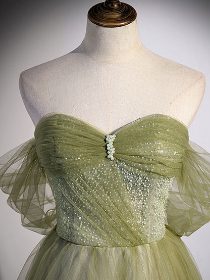 A line Green Tulle Long Prom Dress