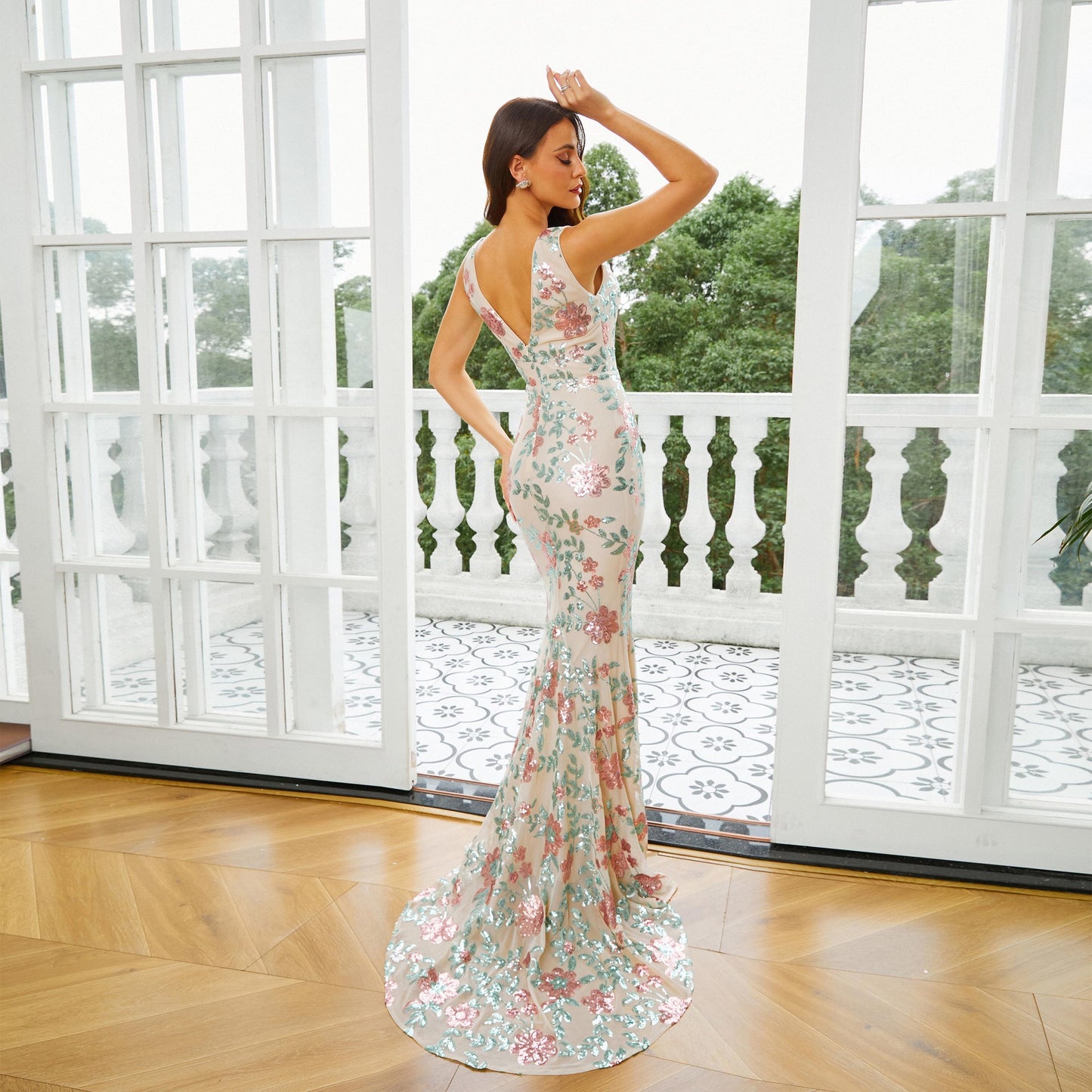 sequin floral print sleeveless bodycon maxi dress