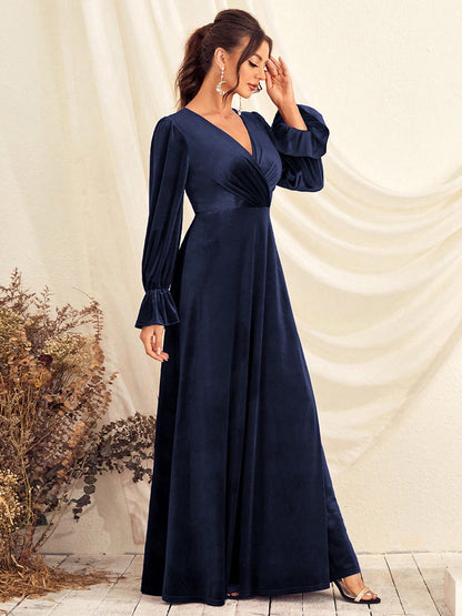 lantern sleeve v neck satin maxi dress in dark blue