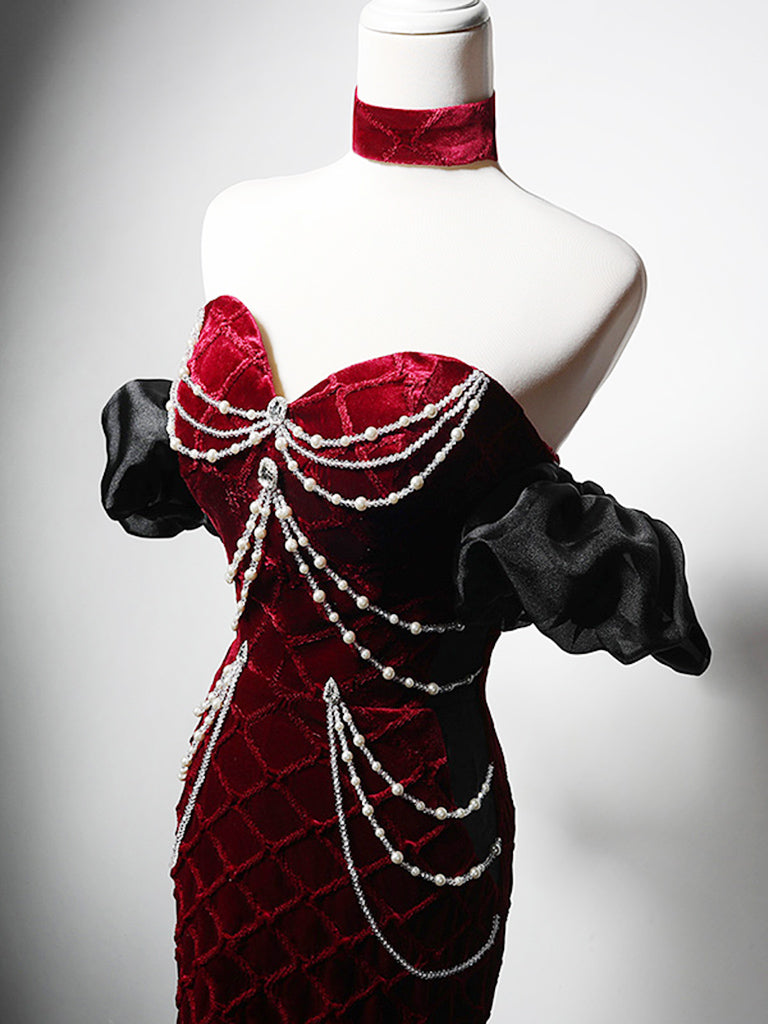 Mermaid Velvet Burgundy Long Prom Dress