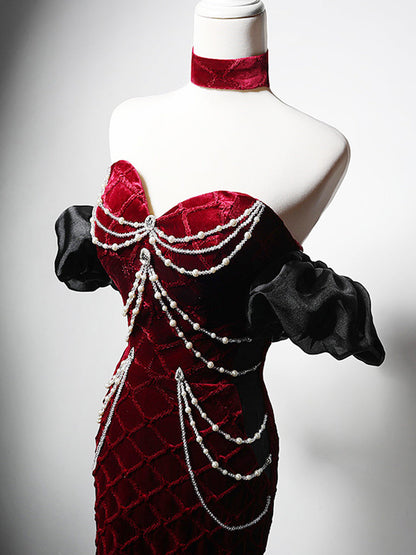 Mermaid Velvet Burgundy Long Prom Dress