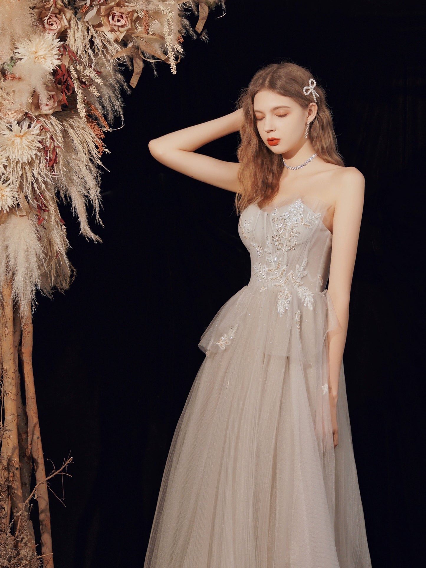 off-shoulder tulle maxi dress in Champagne Grey