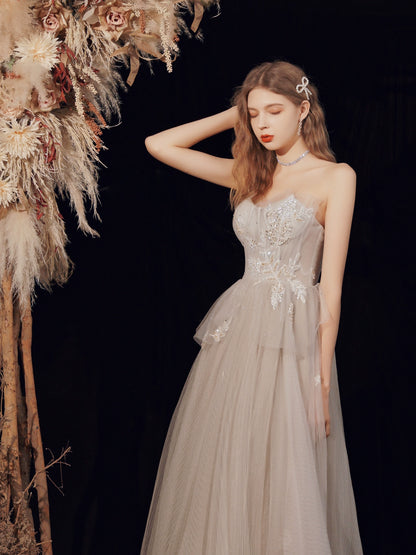 off-shoulder tulle maxi dress in Champagne Grey