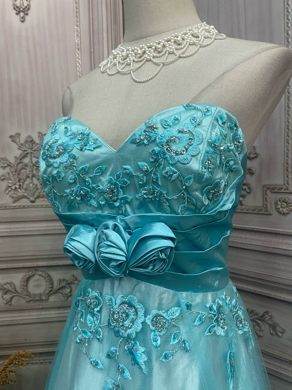 Blue embroidered mesh tube top long dress