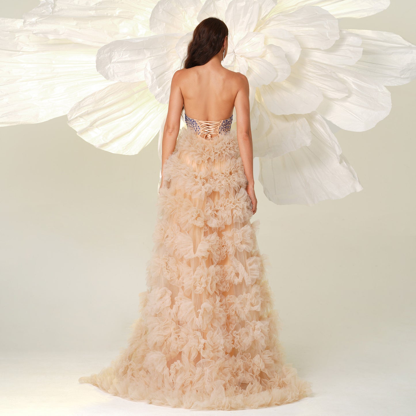 sequin embellished mesh flower hem strapless maxi dress