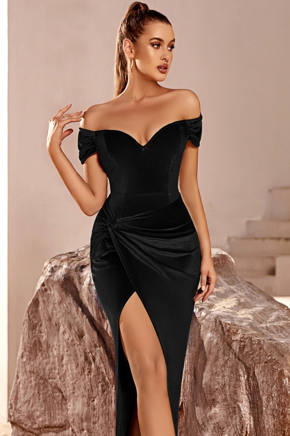 One-shoulder strapless high-slit evening dress