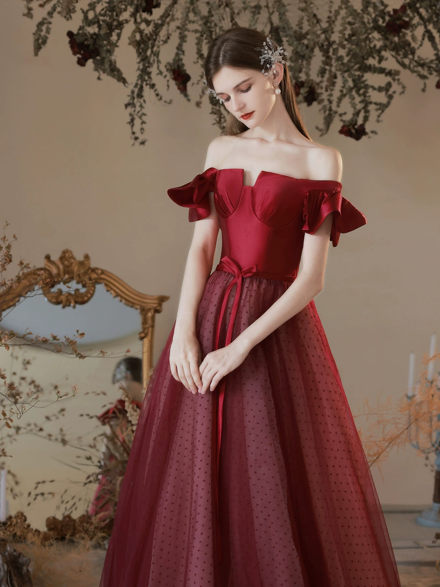 polka dots tulle patchwork satin maxi dress in Claret