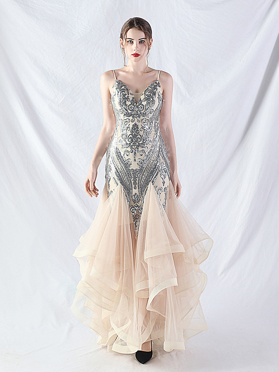 sequin slip tulle maxi dress