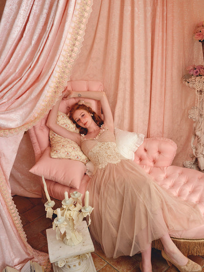 heloise lace mesh flower detail maxi dress in cream pink