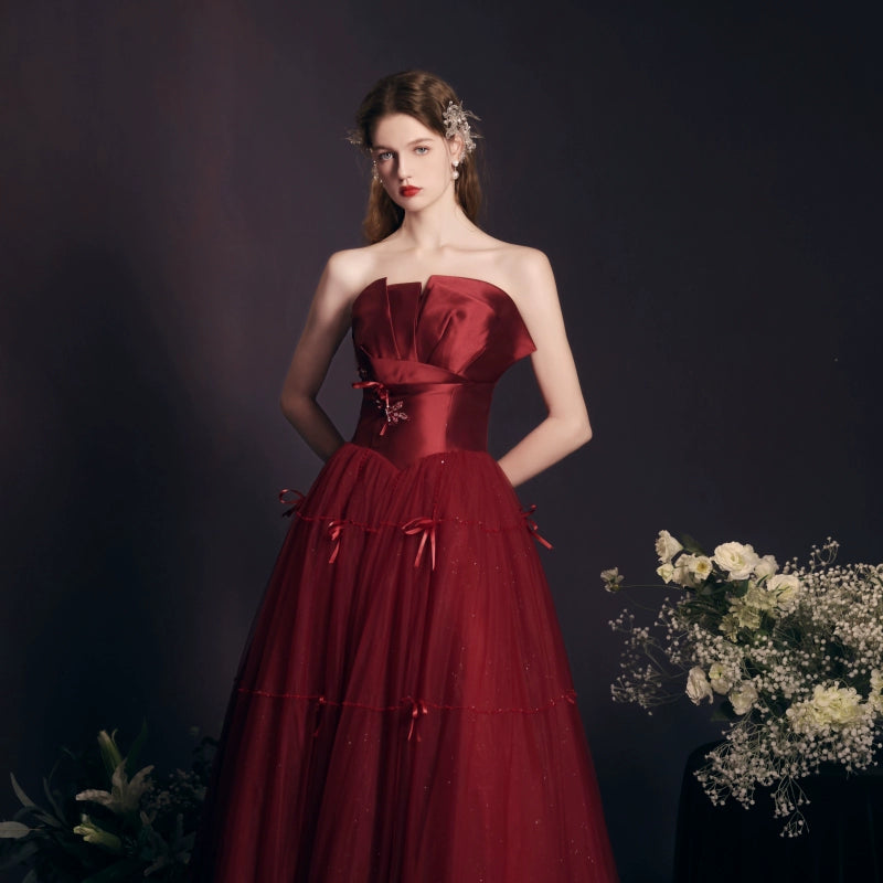 flower embellished strapless maxi dress in claret