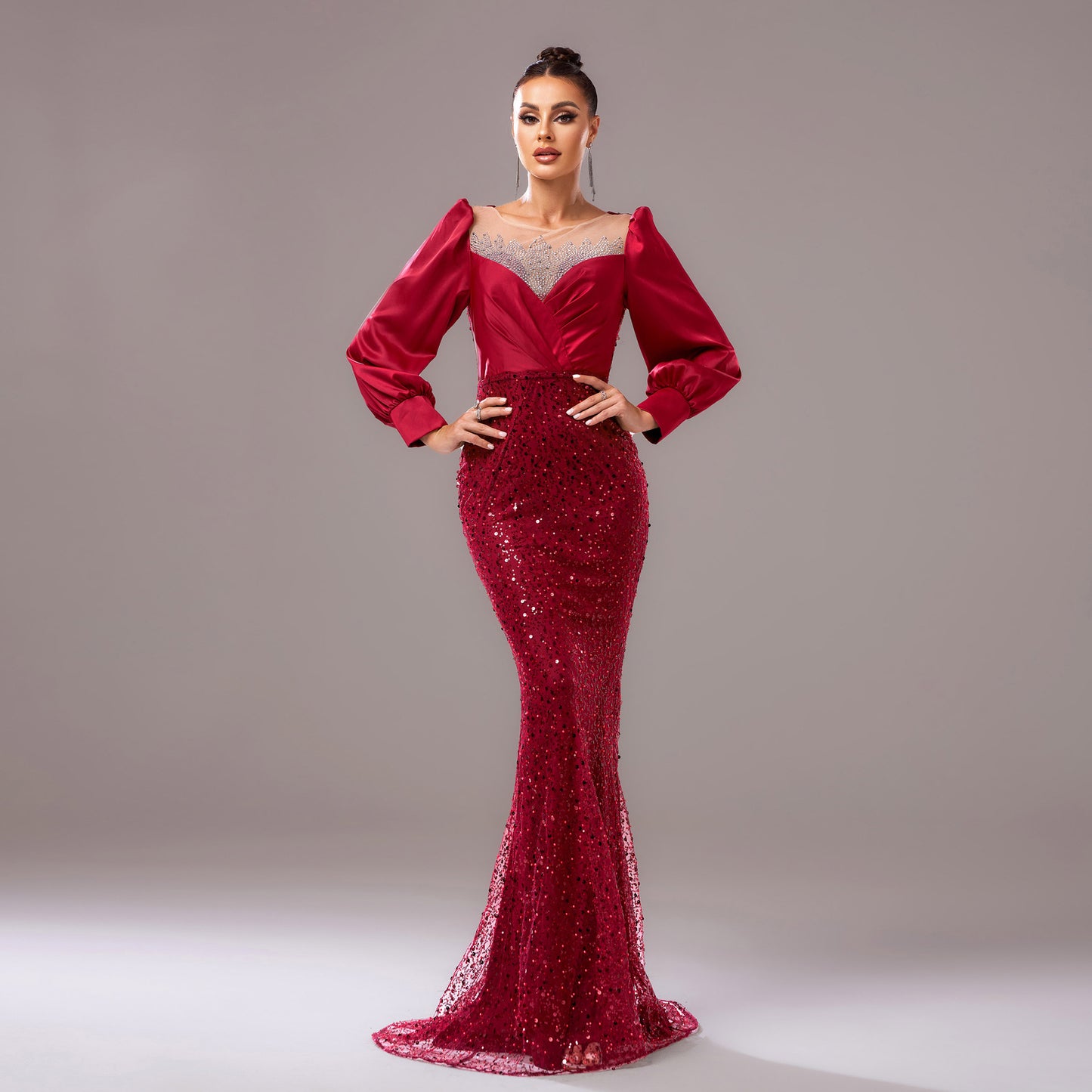 winifred sequin embellished lantern sleeve maxi dress  in burgundy