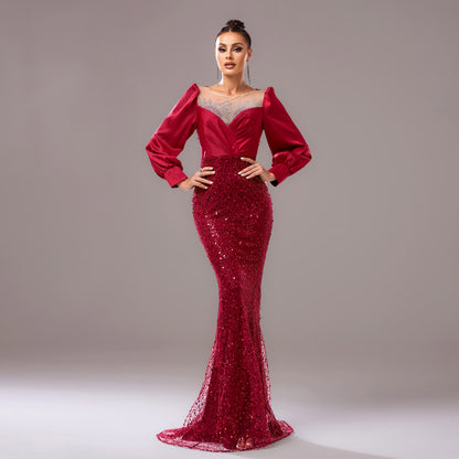 winifred sequin embellished lantern sleeve maxi dress  in burgundy