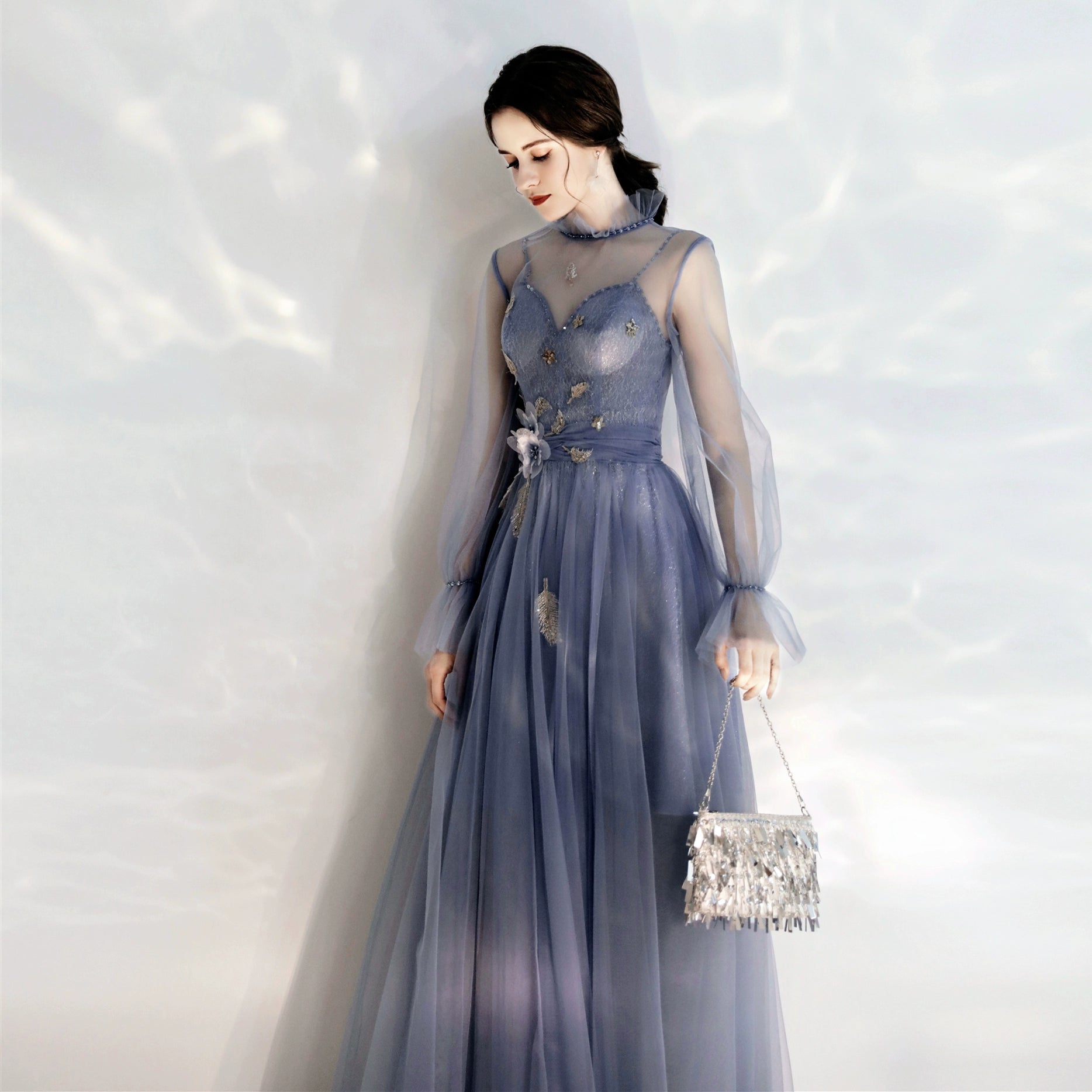 long sleeve Tulle Maxi dress in blue