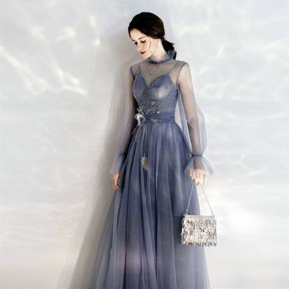 long sleeve Tulle Maxi dress in blue