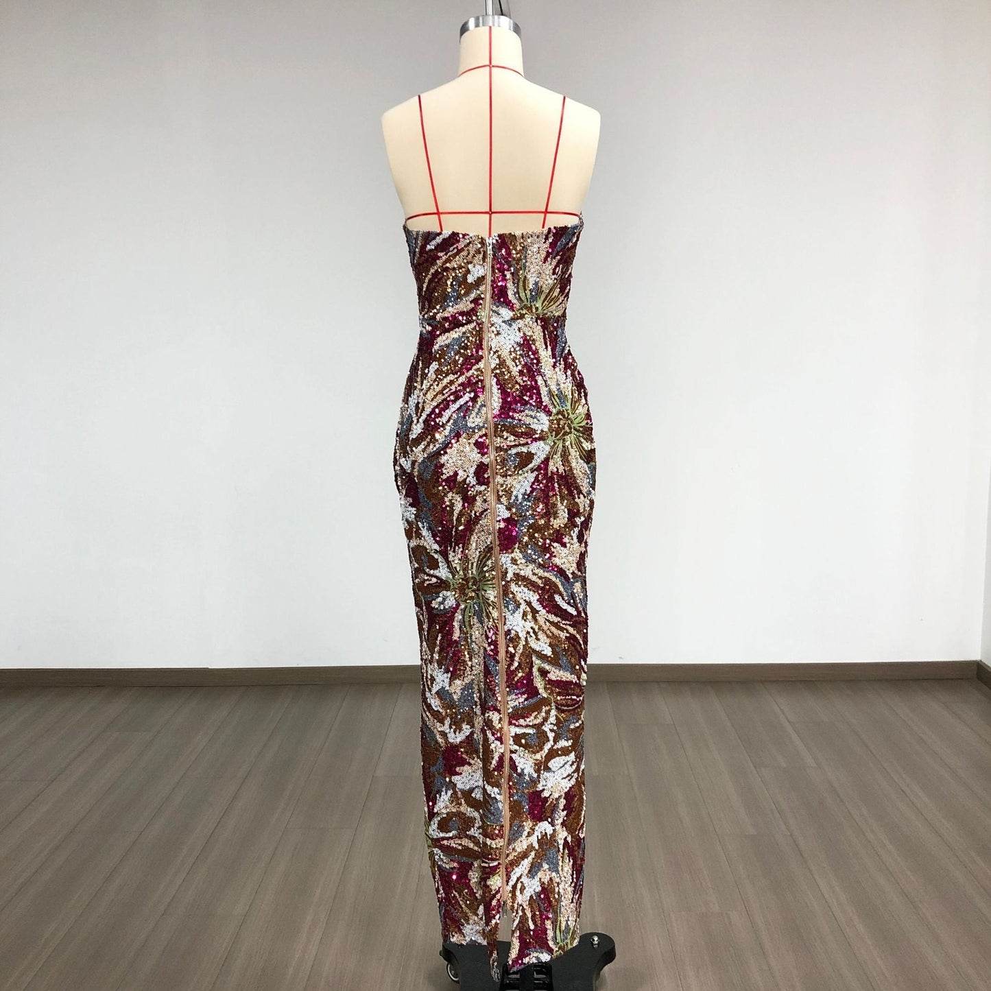 vivien fireworks pattern sequin embroidery strapless maxi dress