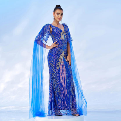 sequin detail tulle ribbon maxi dress in blue