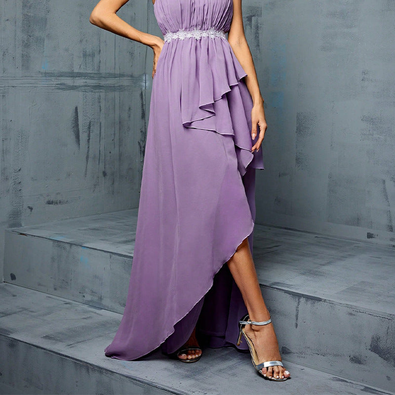 pale purple one shoulder chiffon ruffle trim midi dress