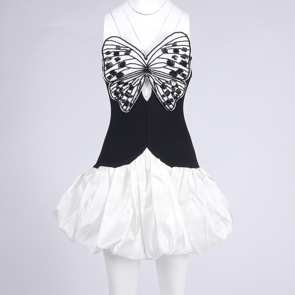Butterfly Embroidered Bodice Puffball mini Dress in black