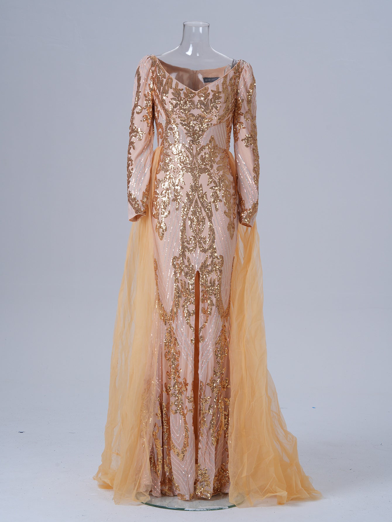 Long-sleeved V-neck sequined mesh bridesmaid dress