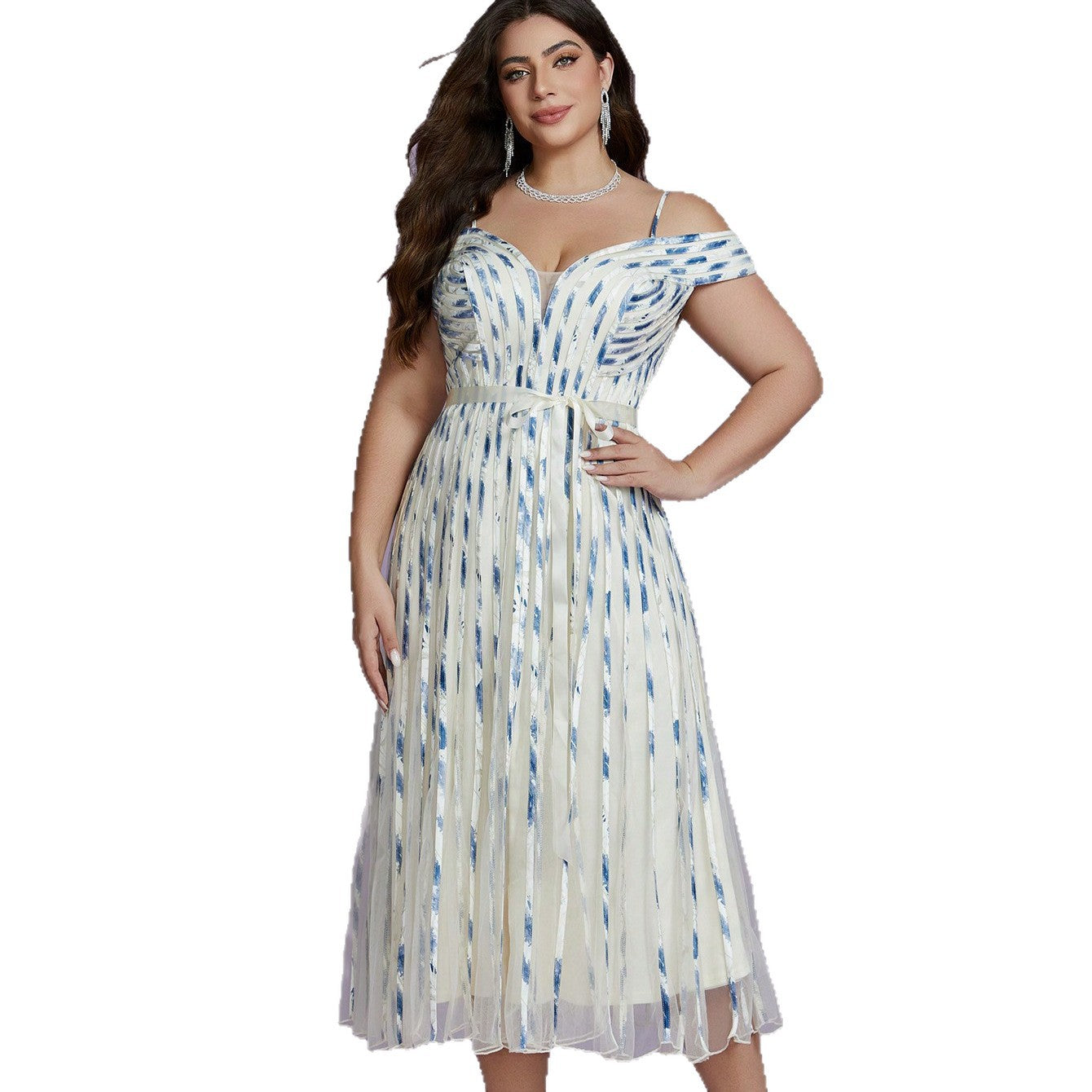 sequin stripe embellished midi dress in beige