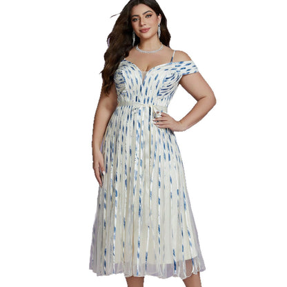 sequin stripe embellished midi dress in beige