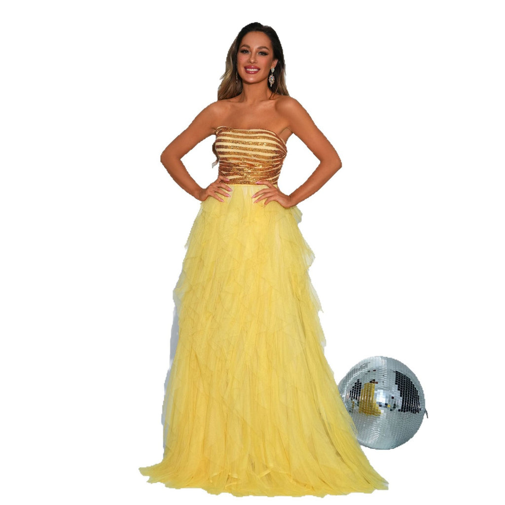 buttocks sequins tulle swing evening dress in yellow