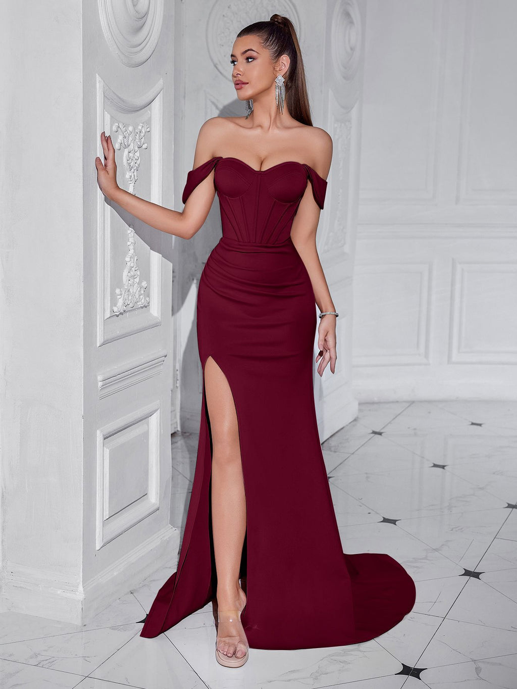 irene Cross-border split shoulder bandeau long dress