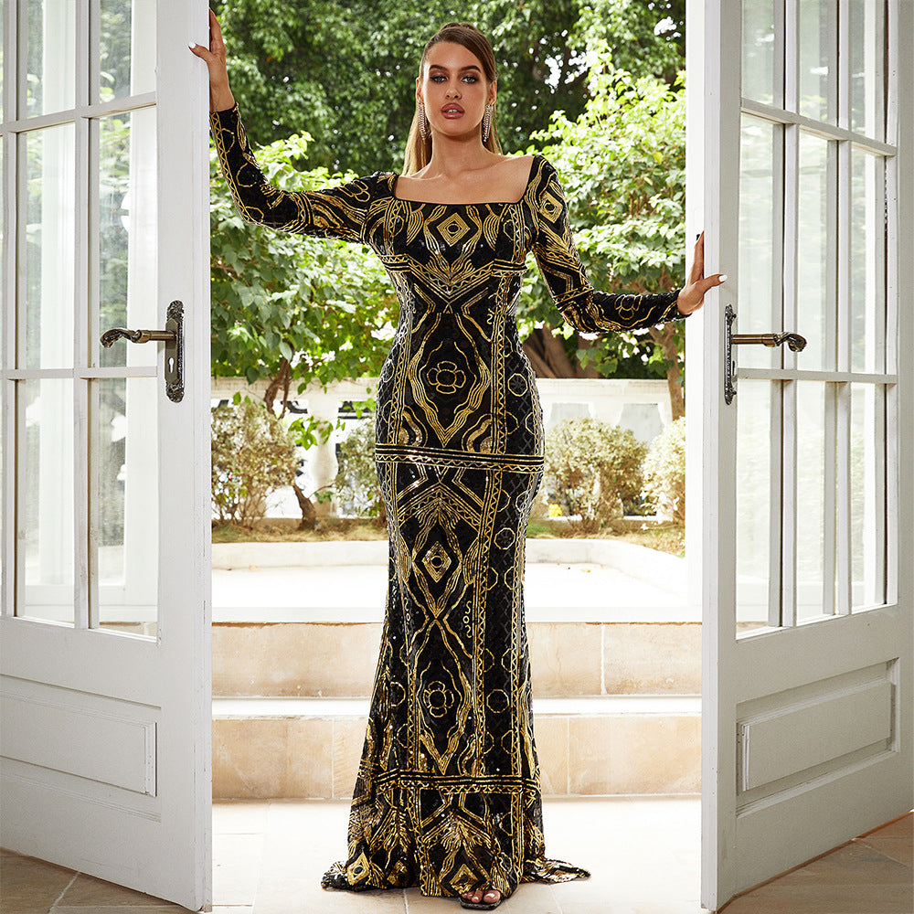 square neck sequin print maxi dress