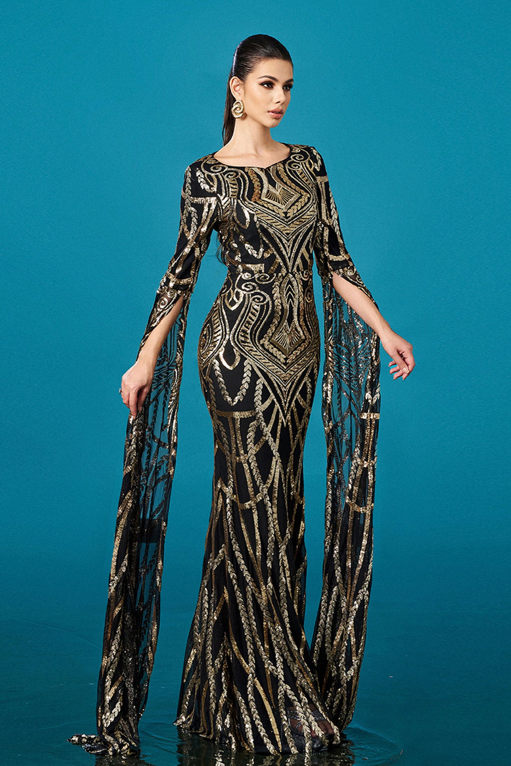 black gold Long-sleeved round-neck hip-wrapped mermaid evening dress