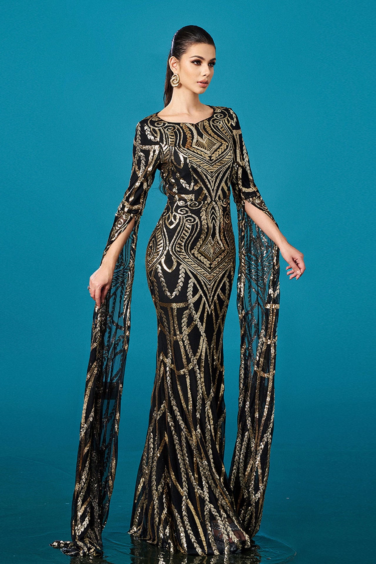 black gold Long-sleeved round-neck hip-wrapped mermaid evening dress