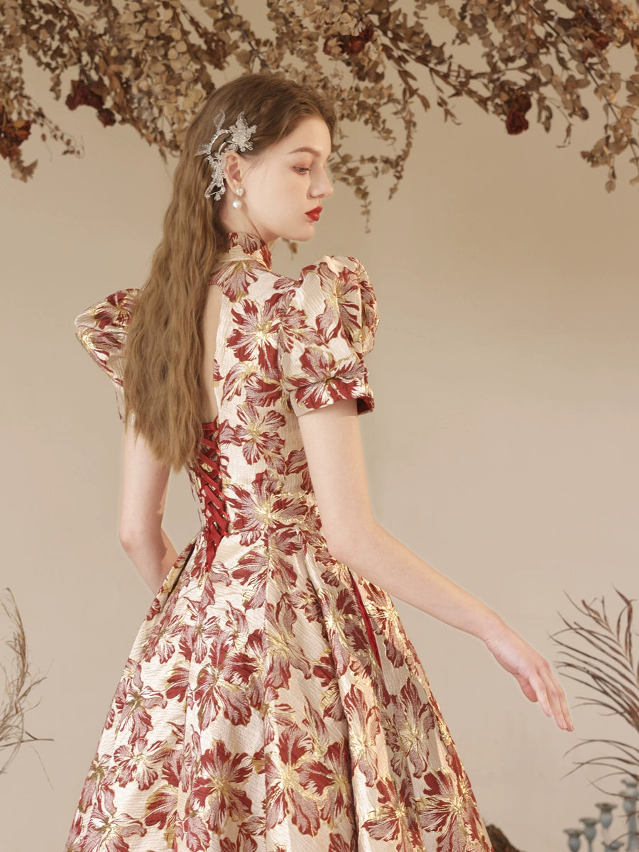 red floral print satin maxi dress