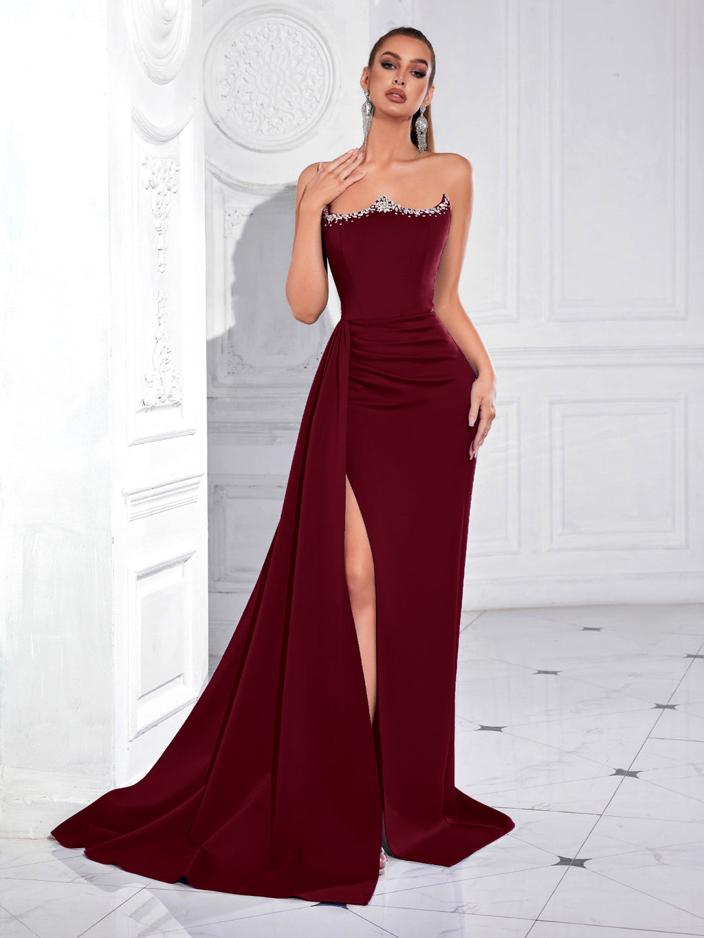 jamie Rhinestones strapless slit maxi dress
