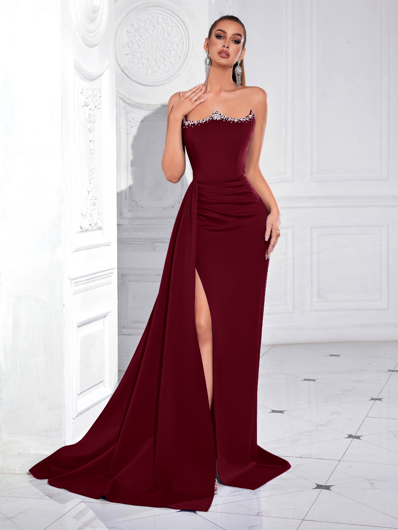 jamie Rhinestones strapless slit maxi dress