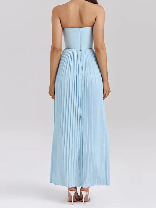 V-neck pleated bandeau long skirt slim back open dress