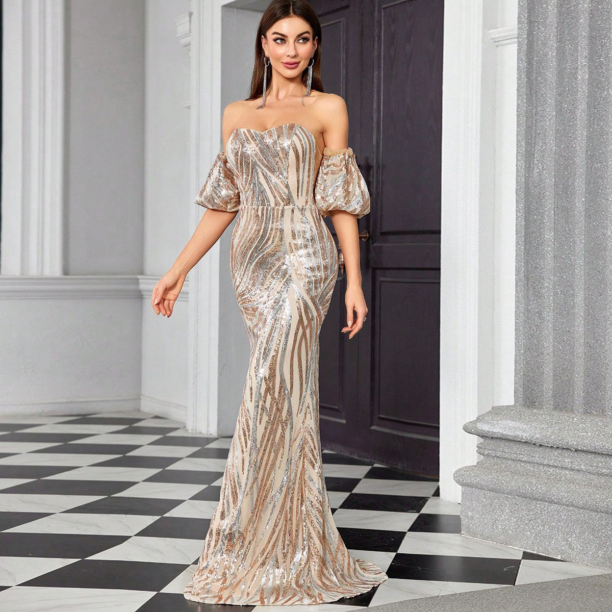 sequin stripe strapless maxi dress in champagne