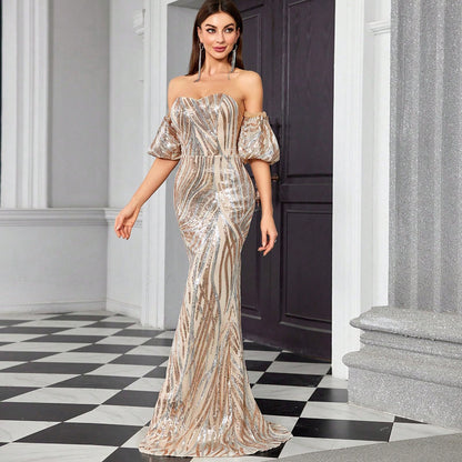sequin stripe strapless maxi dress in champagne