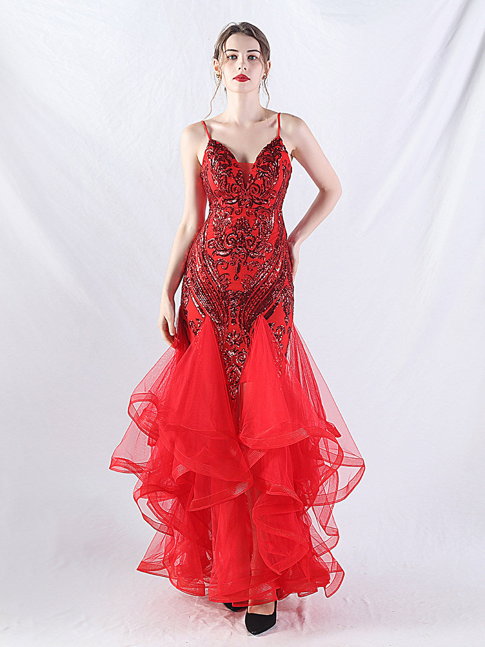 sequin slip tulle maxi dress