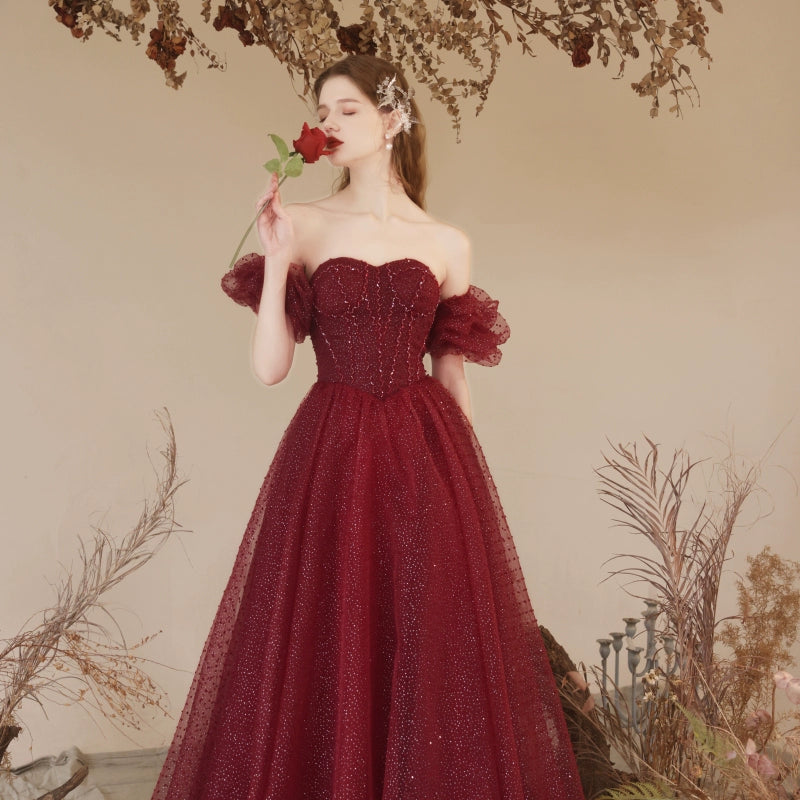 sequin detail polka dots puff sleeve maxi dress in claret