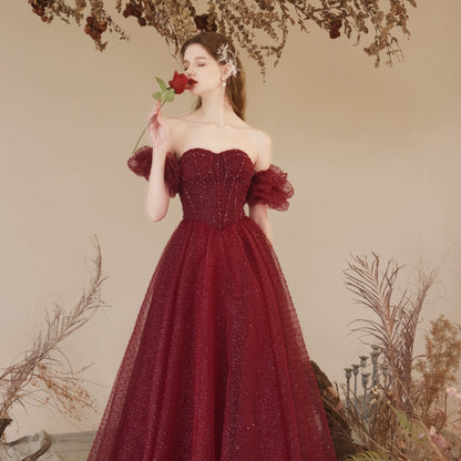 sequin detail polka dots puff sleeve maxi dress in claret