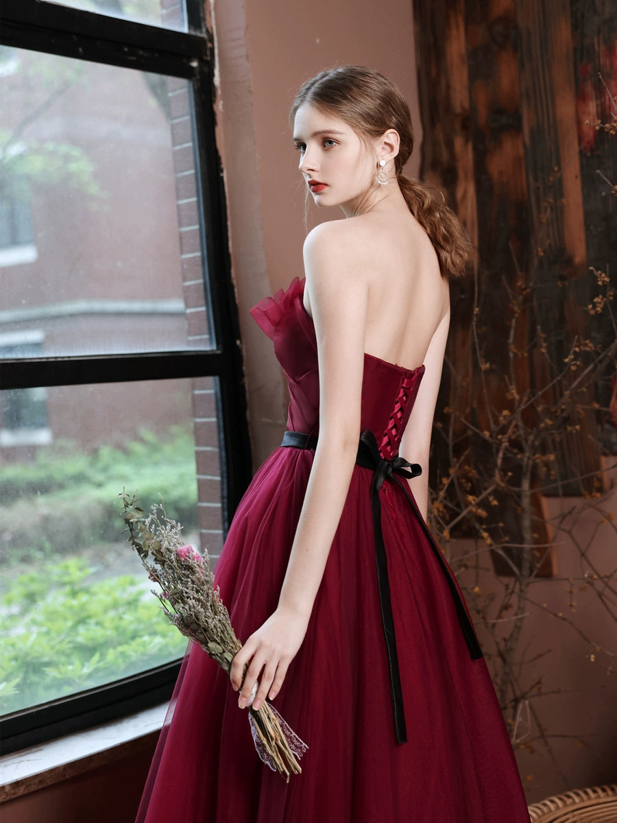 tara off-shoulder tulle maxi dress in burgundy