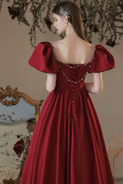 Red puff sleeve satin maxi dress