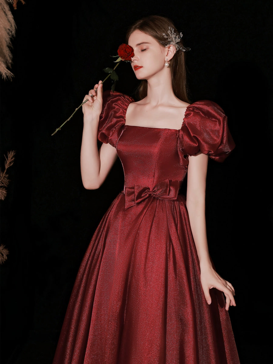 square neck puff short sleeve maxi dress in burgundy
